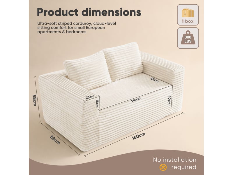  Canapé 2 places sans montage en velours côtelé rembourré beige pour petit espace 160 × 88 × 58 cm  - Conforama C