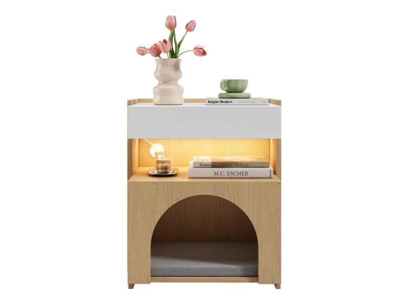  Table de chevet 47x39x58 cm avec niche pour pet et éclairage led en panneaux de particules coloris naturel  - Conforama D