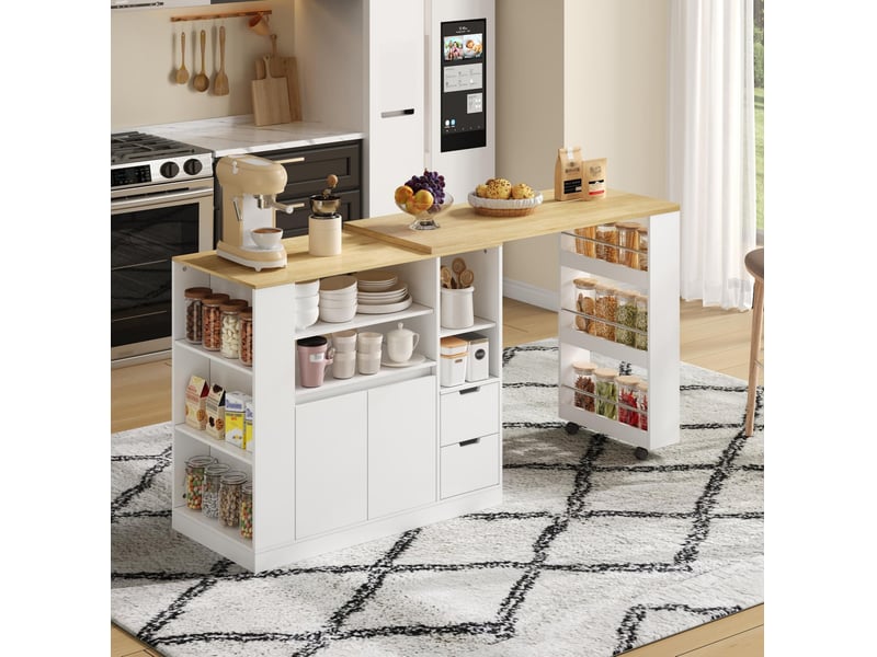 Îlot de cuisine 115x50x92 cm blanc et naturel, plateau rotatif extensible  - Conforama E