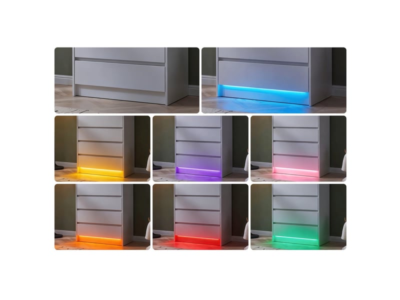  Commode blanche 5 tiroirs, commode chambre, led rgb et anti-basculement, meuble de rangement 73x40x110 cm, armoire en bois, blanc  - Conforama D