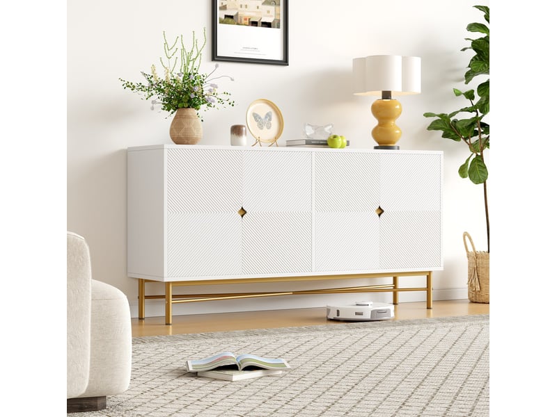  Buffet 4 portes blanc avec poignées dorées, 160 x 40 x 82 cm  - Conforama B