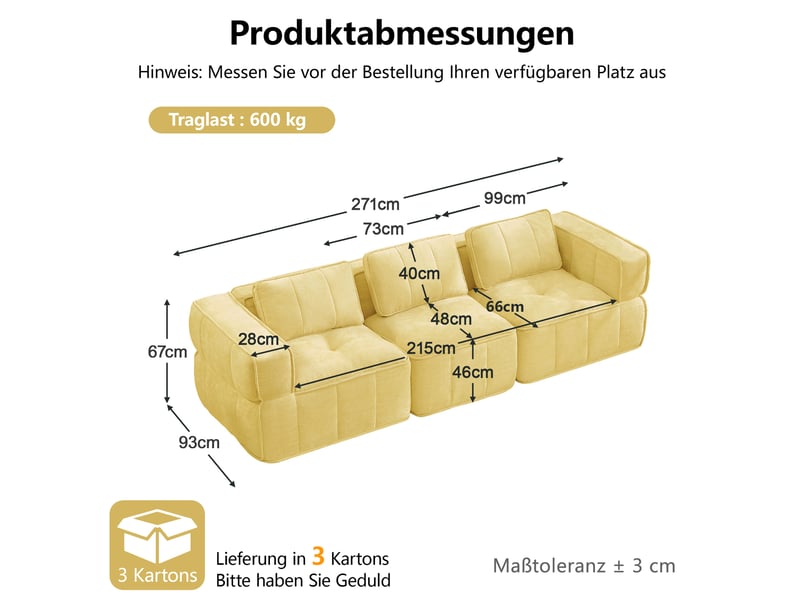 Canapé modulable 3 places271x93x67cm, sans cadre, sans montage, utilisation, assise profonde, design, polyester, jaune - Conforama C