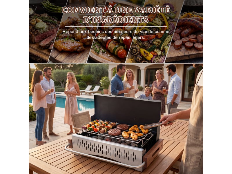  HOMAVO Barbecue Charbon de Bois Portable, Avec Ustensiles Barbecue, Conception Pliable, Surface de Cuisson: 38,15 x 20,95 cm, Adapté pour Camping, Jardin, Balcon  - Conforama E