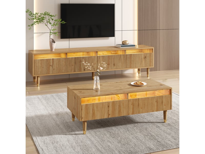  Ensemble meuble tv 4 portes et table basse 2 tiroirs led pour salon en mdf 178×35×45 110×50×40 cm bois  - Conforama C