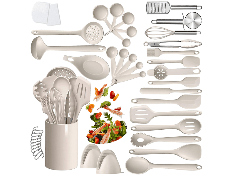  Set d'ustensiles de cuisine 43 pièces en silicone avec rangement beige chicfurn  - Conforama A