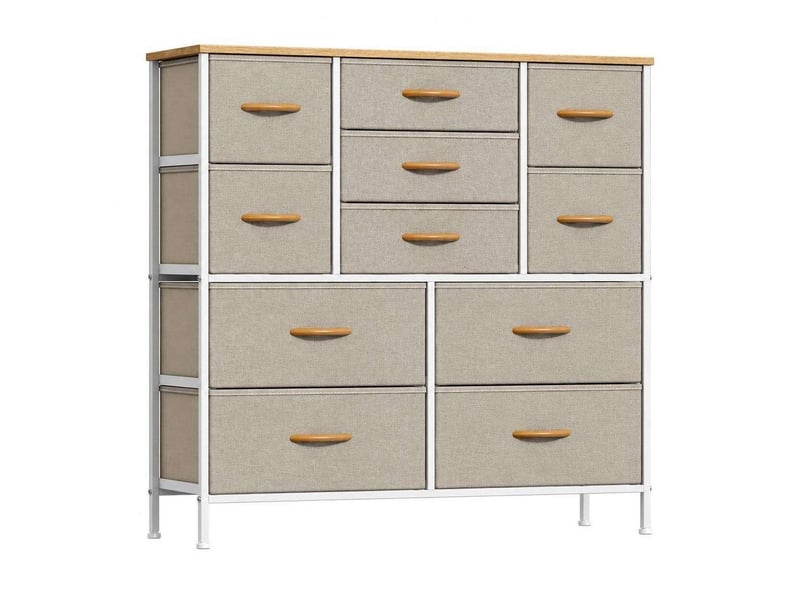  Chiffonnier meuble 100x30x97 cm onze tiroirs tissu kaki et metal blanc chambre  - Conforama A