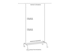 Portant à vêtements à roulettes extensible, Porte manteau en métal avec étagère à chaussures, 84-124x40x156 cm