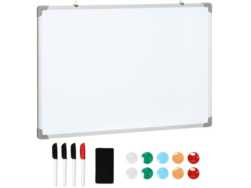  Tableau blanc magnétique 90 x 60 cm blanc aluminium, avec 4 marqueurs, 10 aimants et effaceur pour notes  - Conforama A