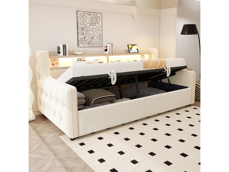  Lit coffre enfant 90x200 cm canapé-lit avec rangement et led, velours, beige, sans matelas  - Conforama R