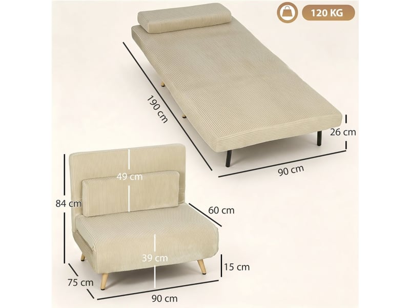  Canapé-lit couchage d'appoint 3-en-1 dossier réglable en velours côtelé oreiller inclus beige  - Conforama C