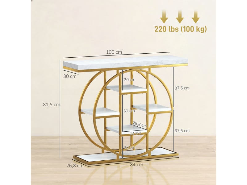  Console design industriel arrondi 5 étagères épais plateau métal doré effet marbre blanc  - Conforama C