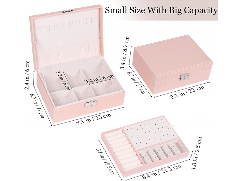 Boîte à bijoux pour femme, coffret à bijoux en cuir verrouillable de 2 couches organisateur à bijoux, petit jewelry stockage cas rangement(rose) - Conforama B