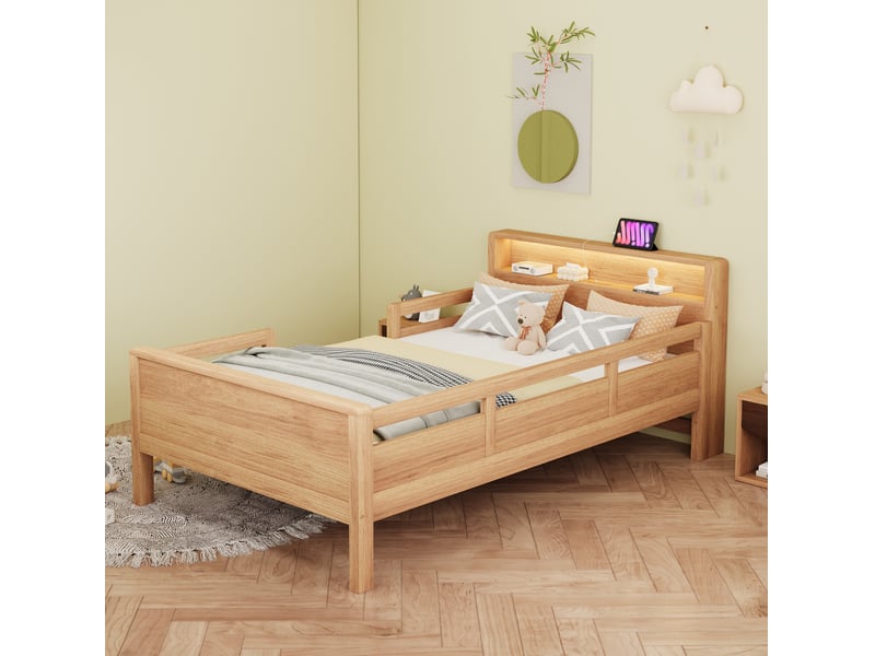  Lit enfant 90 x 200 cm avec led, ports usb et type-c, rangement, bois naturel  - Conforama B