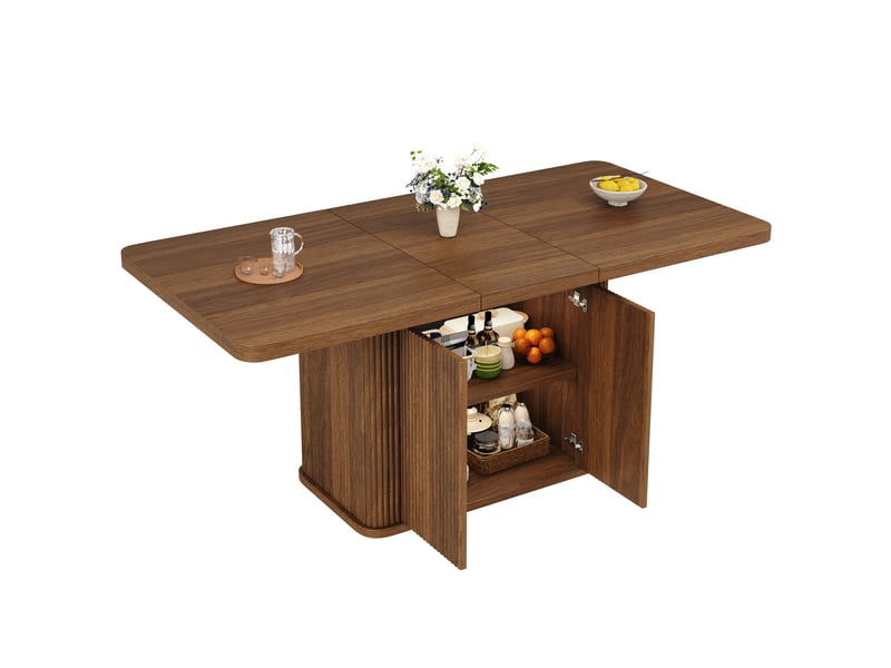  Table à manger extensible 140-180x80x76.5cm avec rangement caché, plateau coulissant et façades rainurées, effet bois brun foncé evarich - Conforama A