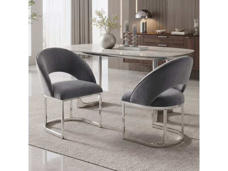  Chaises de salle à manger lot de 6 à dossier incurvé  - pieds en métal chromé, velours gris et argenté  - Conforama C