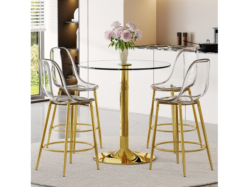  Ensemble bar table ronde en verre 89 cm et 4 tabourets transparents dorés, idéal pour cuisine ouverte  - Conforama E