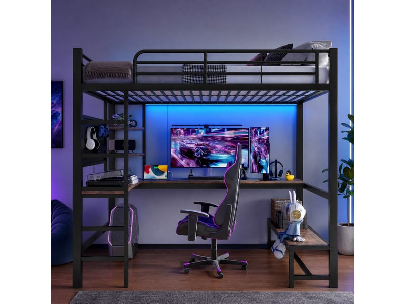 Lit mezzanine simple 90×200 cm bureau, led, usb et type-c  - sans matelas, métal mdf - noir  - Conforama B