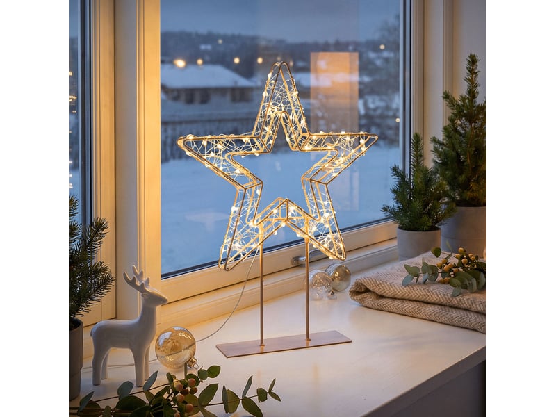  Ecd germany décoration de noël, étoile lumineuse sur pied doré 37 cm, avec 200 led lumière blanc chaud, silhouette décorative avec socle à poser, pour intérieur et extérieur, câble inclus, minuterie ECD Germany GmbH - Conforama B