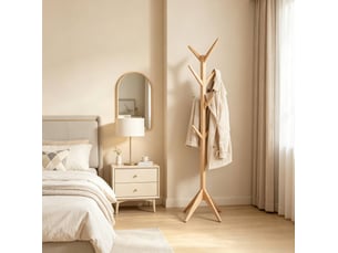 Porte-manteau sur pied en bois naturel, 8 crochets, design moderne