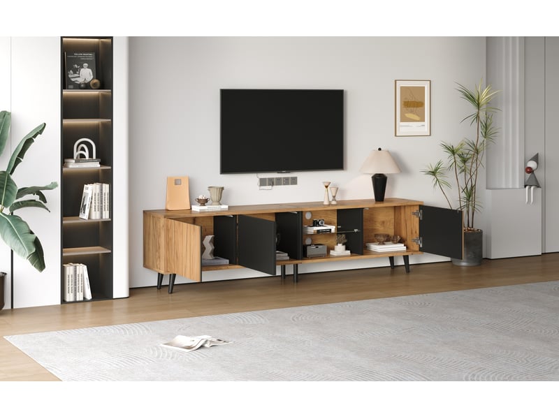  Meuble tv 175*31,5*45cm, meuble tv à trois compartiments, couleur bois d'origine + noir  - Conforama C