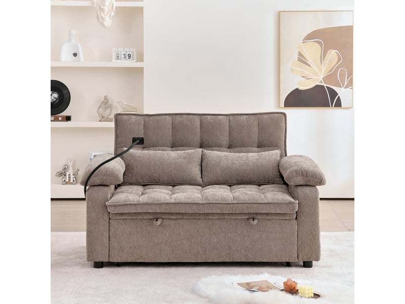 Canapé droit 3-en-1 de 142 cm de large, convertible avec fonction chaise longue, deux coussins lombaires, plateau et porte-gobelets, marron - Conforama D