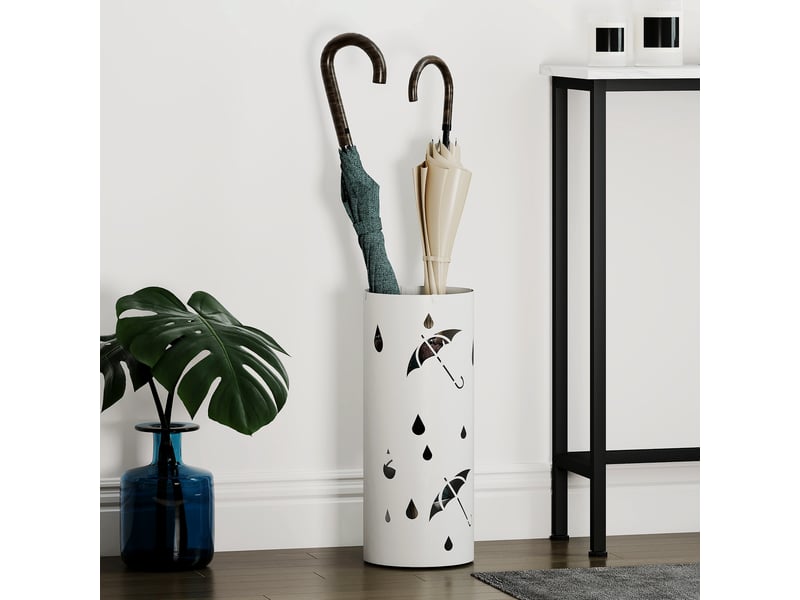  Porte parapluie cylindrique support pour parapluies bac d'égouttement amovible et 4 crochets, ø 17 x 41 cm, blanc  - Conforama C