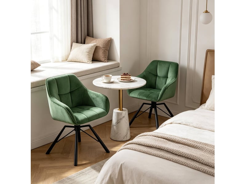  Chaise de salle à manger lot de 2 pivotante avec accoudoirs et dossier rembourré en velours et métal vert foncé  - Conforama C