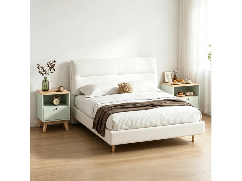  Table de chevet lot de 2 avec 2 tiroirs et 2 niches ouvertes, finition mélaminée vert clair effet chêne 40 × 40 × 55 cm  - Conforama E