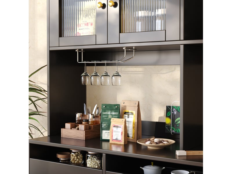 Buffet haut 145x39x171 cm avec portes en verre et rangement pour verres à vin, mdf et métal, noir avec détails dorés - Conforama D