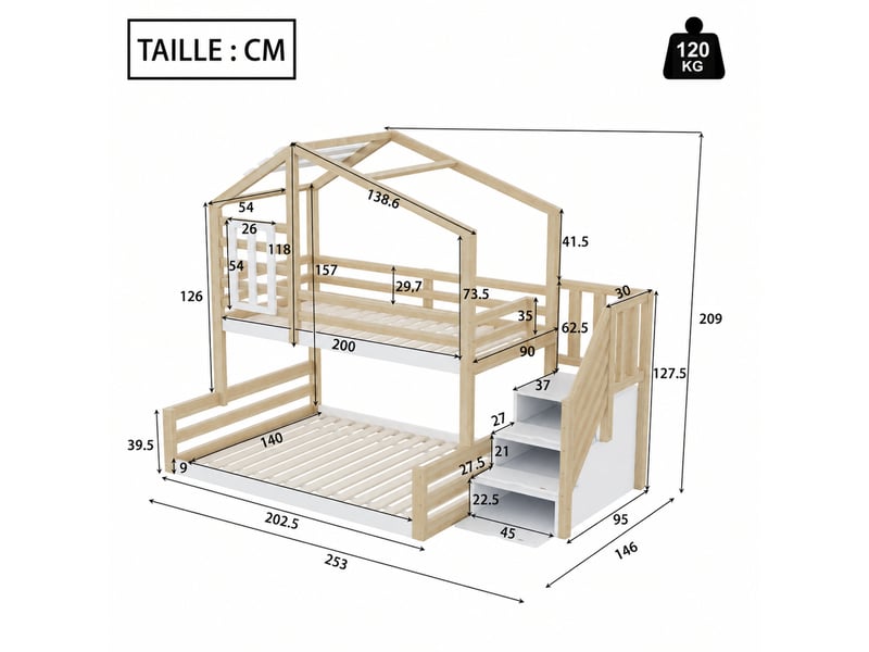  Lit superposé, lit 3 places avec escalier de rangement et garde-corps, 90x200 et 140x200 cm, sans matelas  - Conforama D