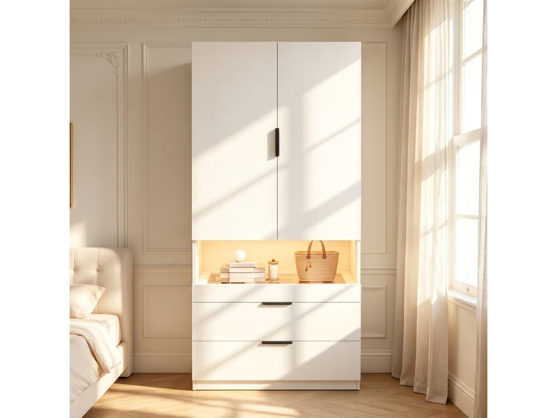  Armoire 90 x 50 x 200 cm avec éclairage led, tiroir à bijoux, penderie, vitre de protection et 3 tiroirs, meuble moderne à portes battantes pour chambre ou dressing OPULERANE TRADING LTD - Conforama B