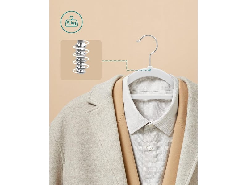  Cintre velours, lot de 50, antiglisse, avec barre, crochet pivotant à 360°, épaisseur 0,6 cm, gain de place, longueur 43,5 cm, pour manteau, robe, pantalon, blanc et argent  - Conforama C
