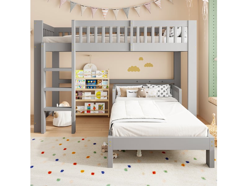  Lit mezzanine enfant 90x200 cm - gris - ensemble modulable avec lit simple et 2 couchages  - Conforama B