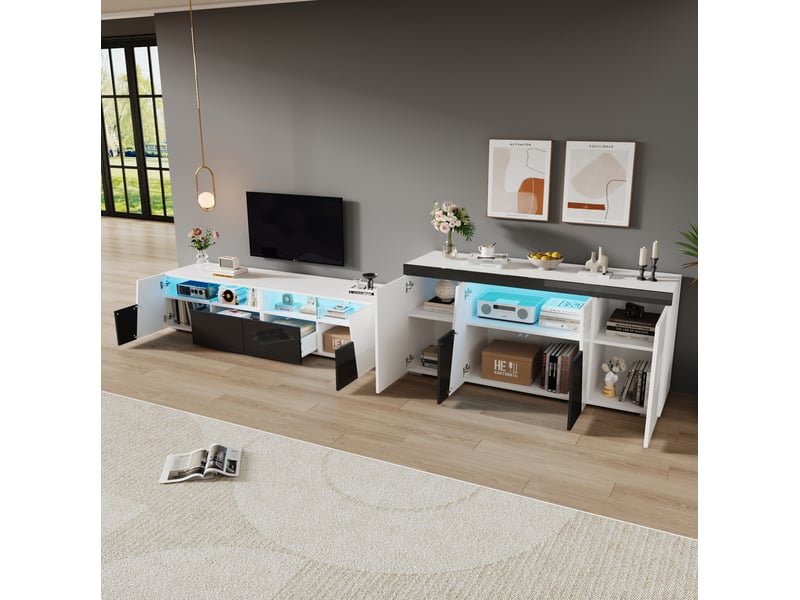 Ensemble meuble tv et buffet tcqpz 180 x 38,5 x 45 cm et 140 x 40 x 65 cm led contrôlée par application blanc et noir finition brillante - Conforama B