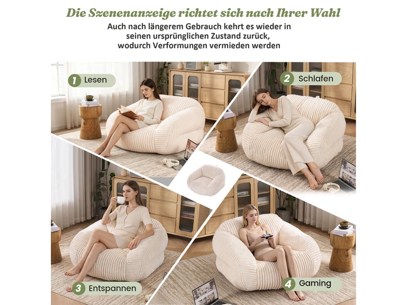  Fauteuil pouf pour adulte avec dossier enveloppant et garnissage en mousse haute densité, en velours côtelé beige  - Conforama E