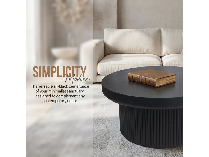  Table basse ronde 78x78x38,5 cm - plateau épais motif parquet en bois véritable - base cylindrique cannelée - bois et mdf - noir CozyNest - Conforama W