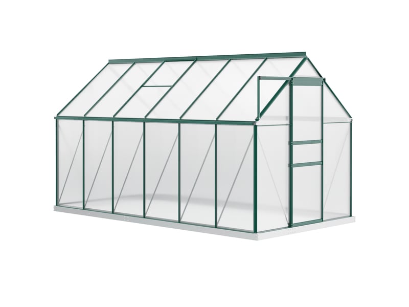  Serre de jardin en polycarbonate 190 x 375 x 199 cm, avec fenêtre ouvrante et porte coulissante, structure en aluminium, verte  - Conforama B