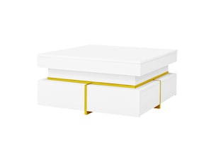 Table basse 70x70x35,5 cm avec 2 tiroirs, rangement sur deux côtés, finition brillante, panneaux de particules, blanc et doré