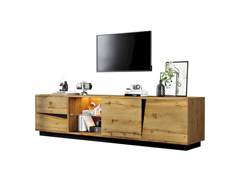  Meuble tv 180x35x45 cm avec 2 tiroirs, 2 portes et un compartiment ouvert, led, passe-câbles, mdf bois, naturel et noir  - Conforama A