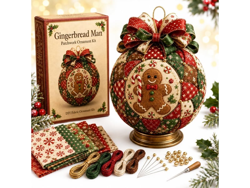 Kit diy noël sans couture, ornement patchwork pour sapin avec tissu, perles et ruban, décoration créative fait main, bonhomme en pain d'épices  - Conforama A