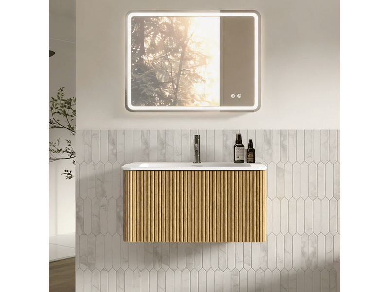 Meuble sous vasque suspendu avec miroir led, lavabo intégré et bords arrondis pour salle de bain en chêne - Conforama B