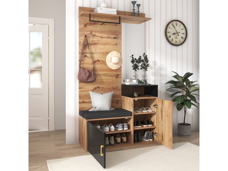  Armoire pour entrée avec miroir - banc et patère - armoire à chaussures - mdf et panneaux de particules - 105 x 38,5 x 190,5 cm - naturel  - Conforama D