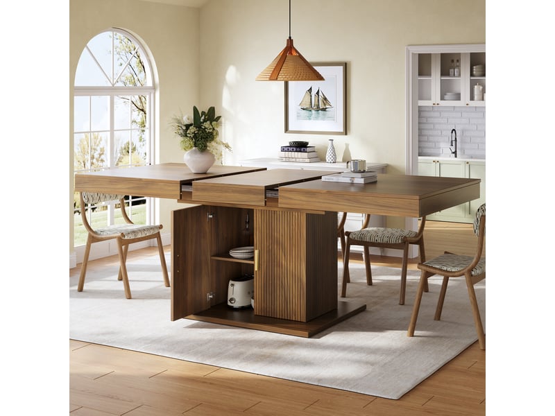  Table à manger extensible 140-180x90x75 cm table à manger 6 à 8 personnes rectangulaire en bois avec rangement, noyer  - Conforama B
