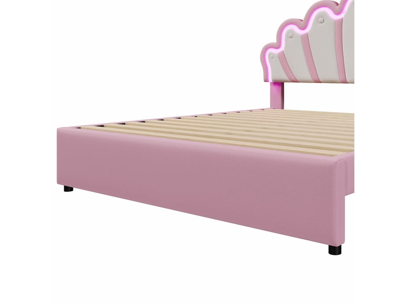Lit enfant 140x200cm avec led, tiroirs, tête réglable, style princesse, sommier, pu rose, sans matelas - Conforama R