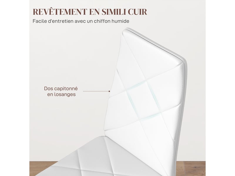  Lot de 2 chaises de salle à manger avec dossier haut, blanc, revêtement synthétique et pieds en acier  - Conforama E