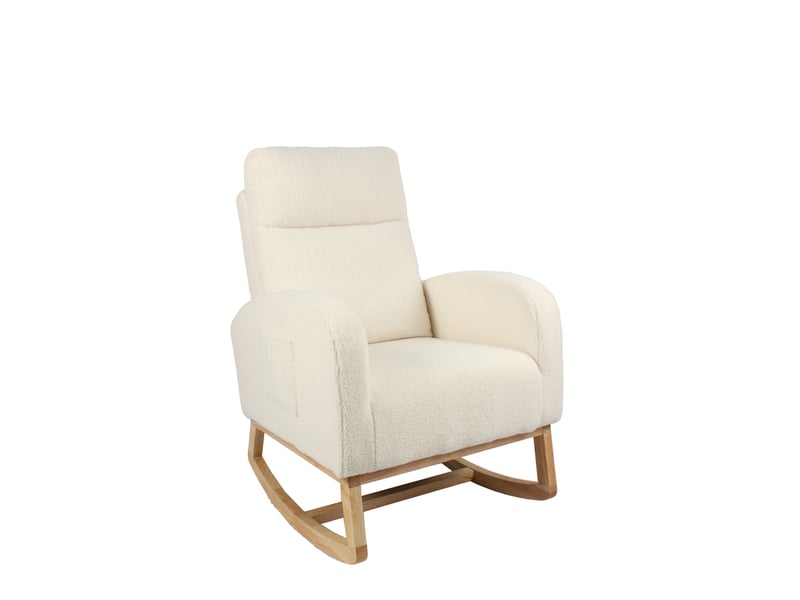 Fauteuil à bascule modenvie à dossier haut en tissu teddy blanc, poche latérale, 75 x 63 x 104 cm - Conforama A
