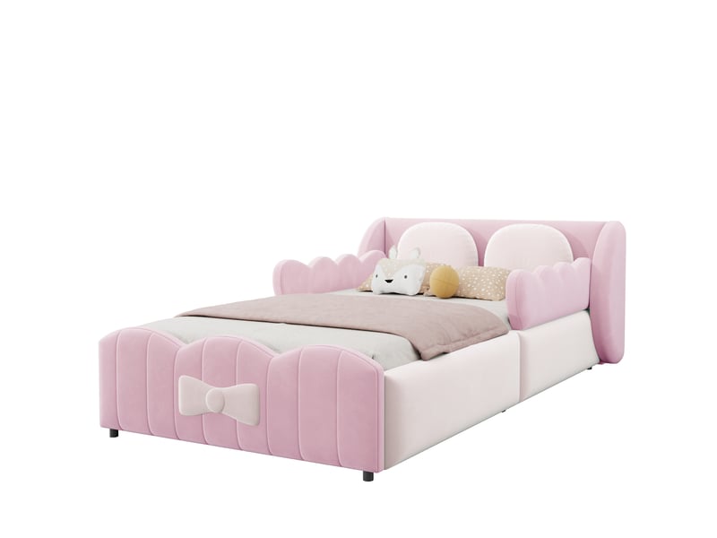  Lit enfant 90 × 200 cm coffre hydraulique, 12 lattes et 2 coussins décoratifs en velours rose pour chambre d’enfant  - Conforama A