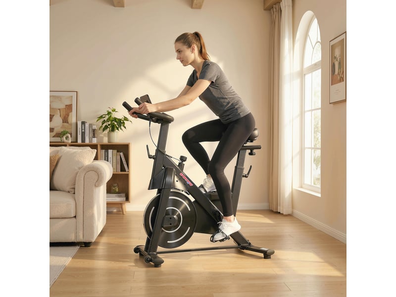 Vélo d'appartement avec résistance magnétique réglable, écran lcd, selle et guidon réglables, roues, noir - Conforama D