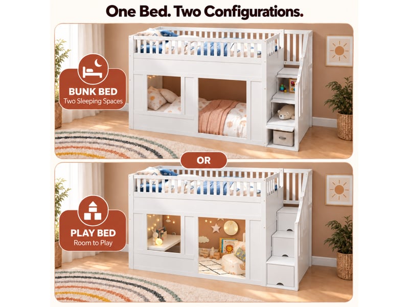  Lit superposé enfant 90x200 cm – blanc – escalier de rangement, espace de jeu modulable – sans matelas  - Conforama E