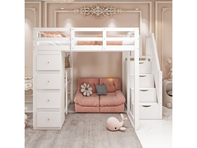  Lit mezzanine blanc 140x200cm avec rangement, échelle, étagères, gain de place, confort durable - bois massif - pour enfant ado  - Conforama C